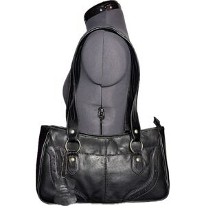 Vtg Y2K Black Genuine Leather Shoulder Bag Hobo Silver Hardware DAMAGED/STAINED